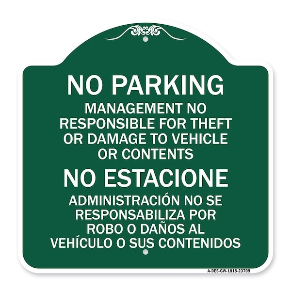 Signmission No Parking Management Not Responsible for Theft or Damage to Vehicle or Contents, GW-1818-23709 A-DES-GW-1818-23709 - main